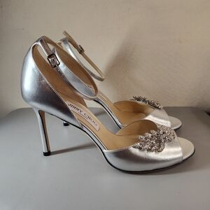 Jimmy Choo Tris 85 Metallic Silver And Crystal Embellished Leather Heels Sz Us 9